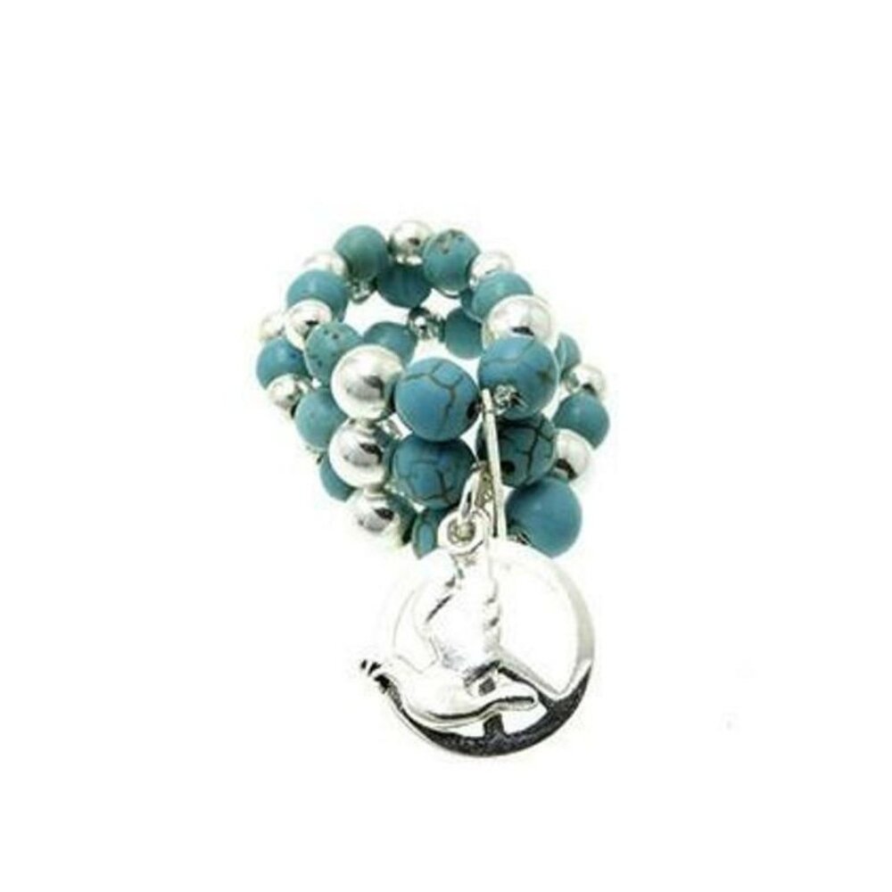 Silver Turquoise Beaded Peace Sign Dove Charm BOHO Hippie Gypsy Ring